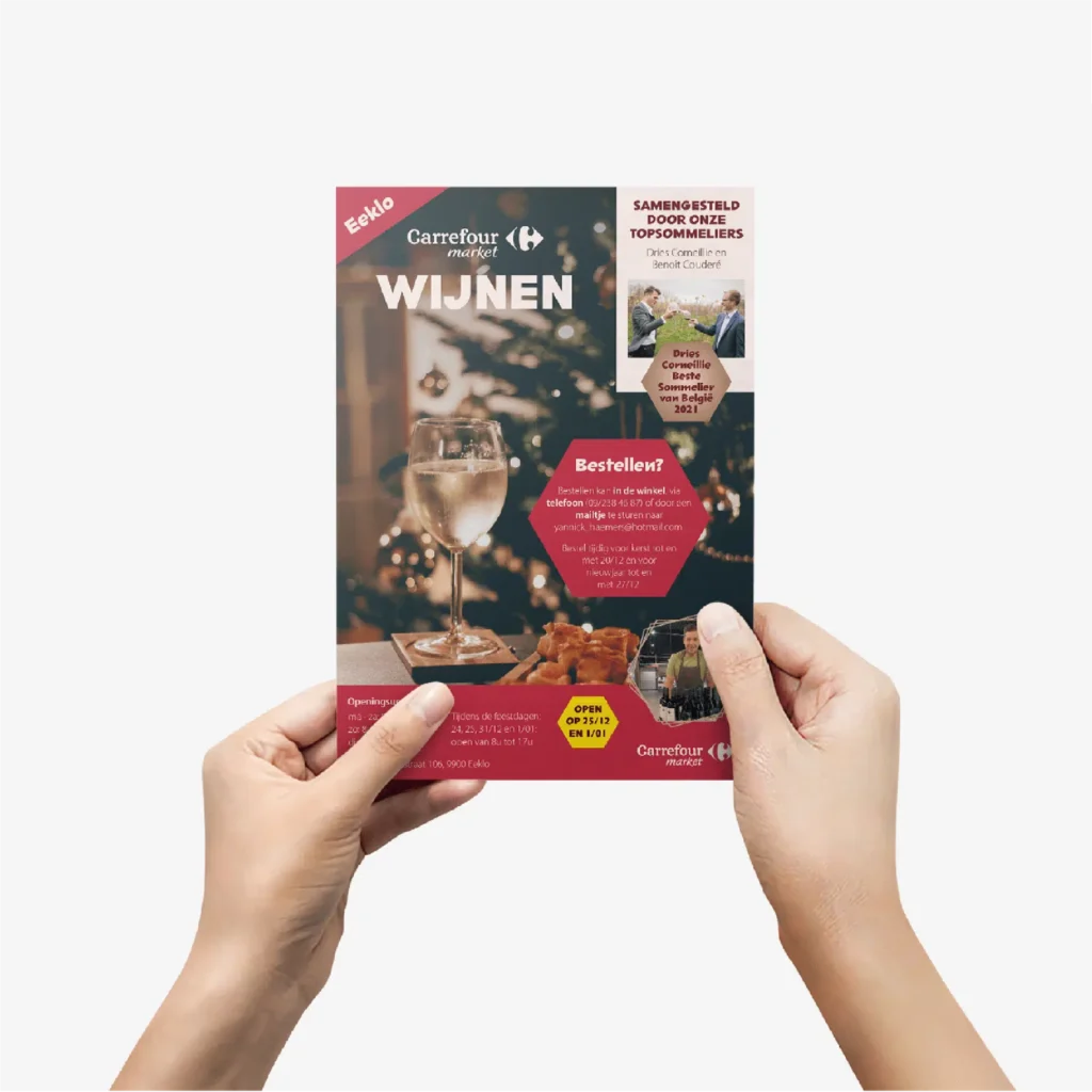 Een aantrekkelijke Carrefour flyer, ontworpen met oog voor detail, benadrukt speciale aanbiedingen van wijn door middel van deskundig grafisch ontwerp en kwalitatief drukwerk.