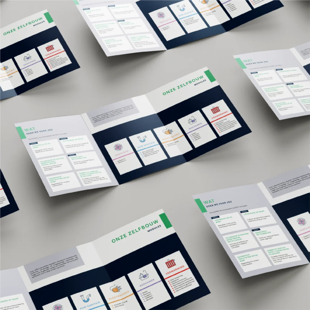 Innovatieve brochure voor ZELF, met creatieve layouts die de unieke diensten van het merk uitlichten.